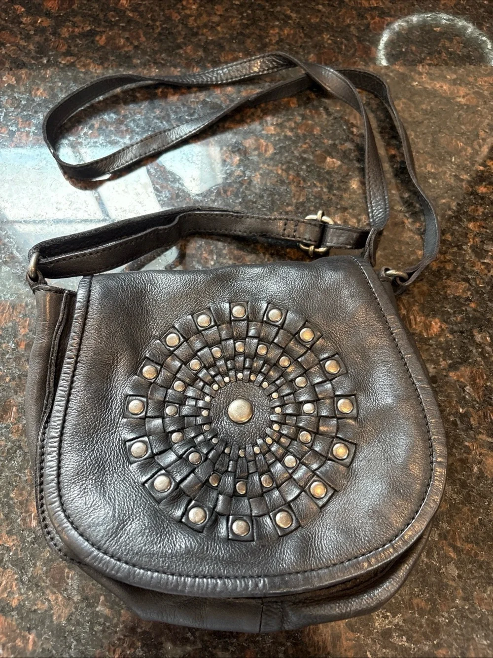 Stud-Embellished Black Leather Crossbody Bag